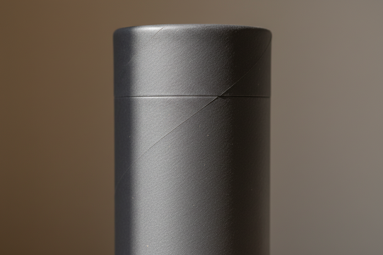 Show subtle textures, matte surfaces, soft-touch coatings of a paper tube